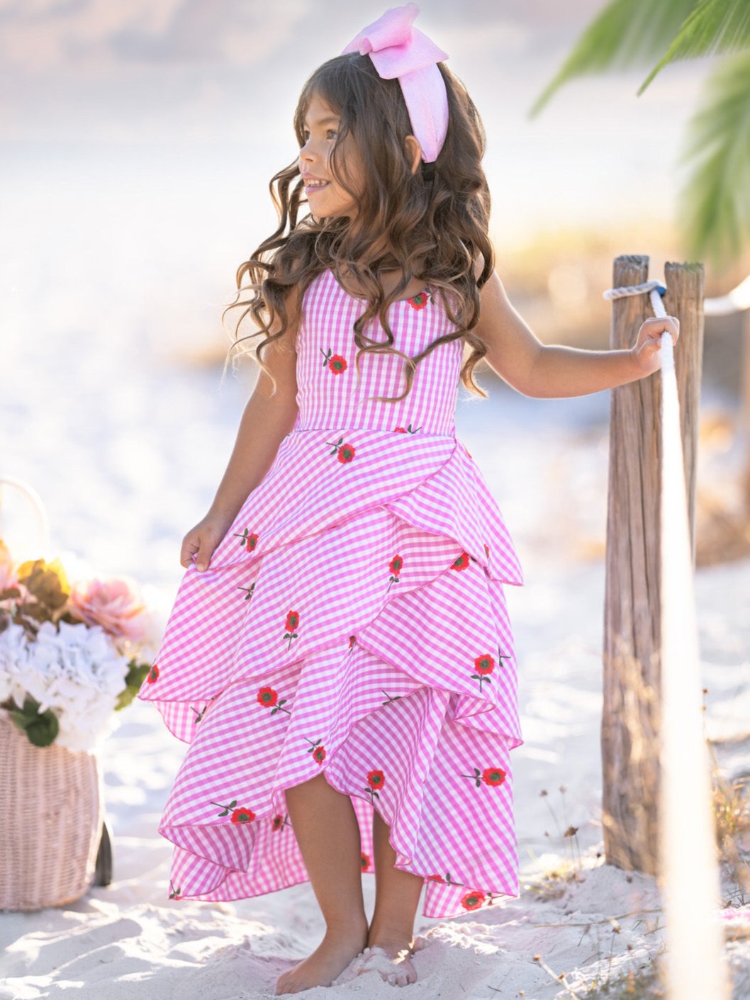 Pink Gingham Rose Embroidered Tiered Dress