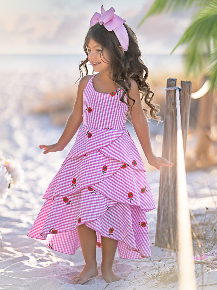 Pink Gingham Rose Embroidered Tiered Dress