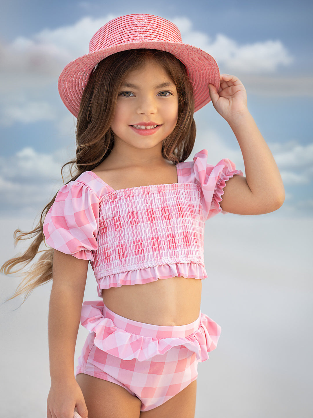 Pink Gingham Smocked Puff Sleeve Two-Piece Swimsuit