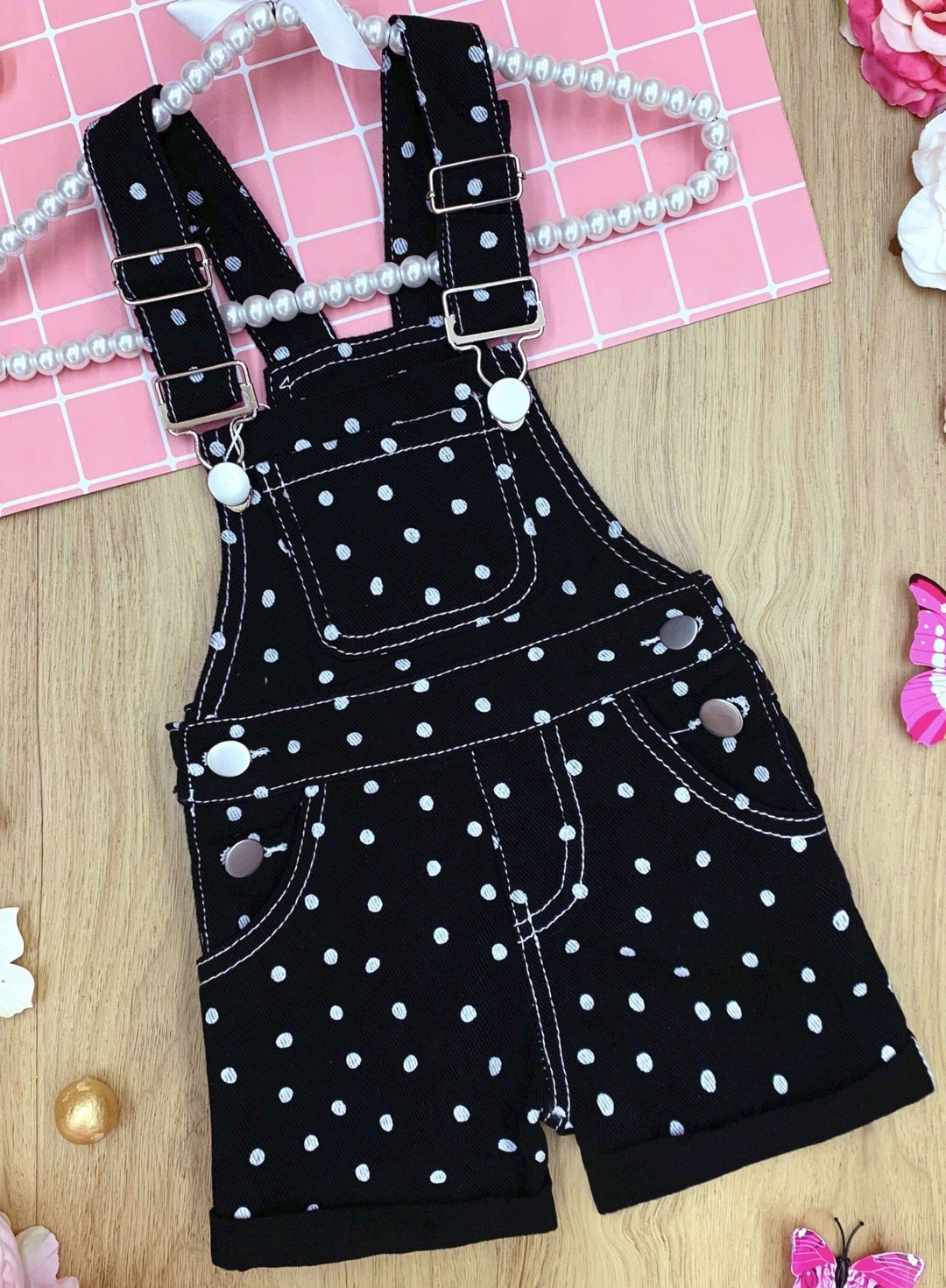 Cute Spring Toddler Outfit | Girls Polka Dot Cuffed Denim Overalls