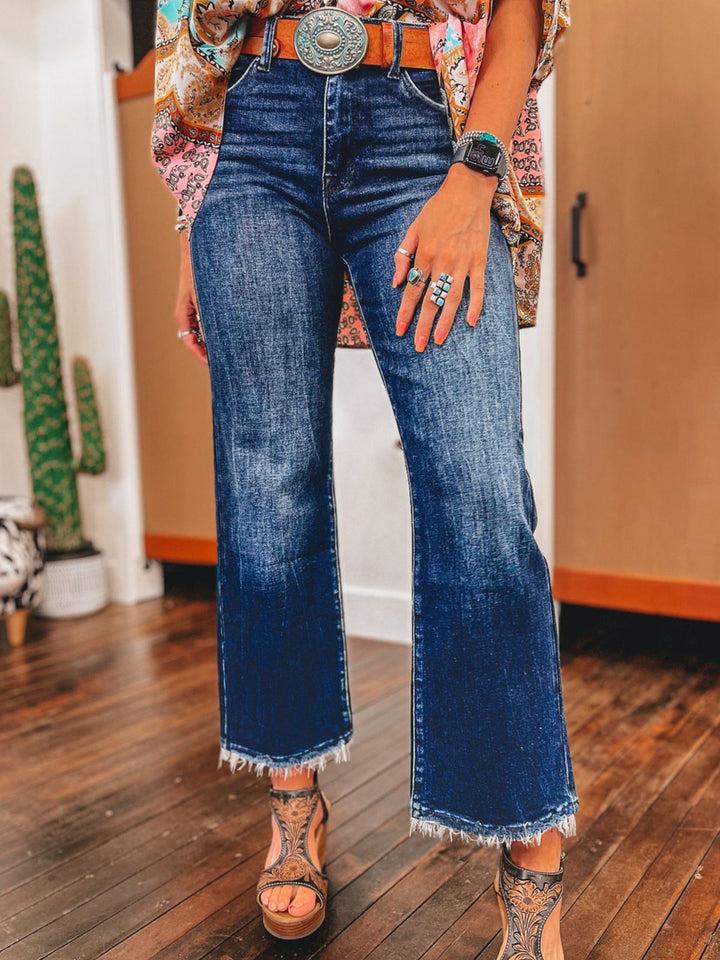 Womens High-Rise Vintage Flare Denim with Frayed Hem