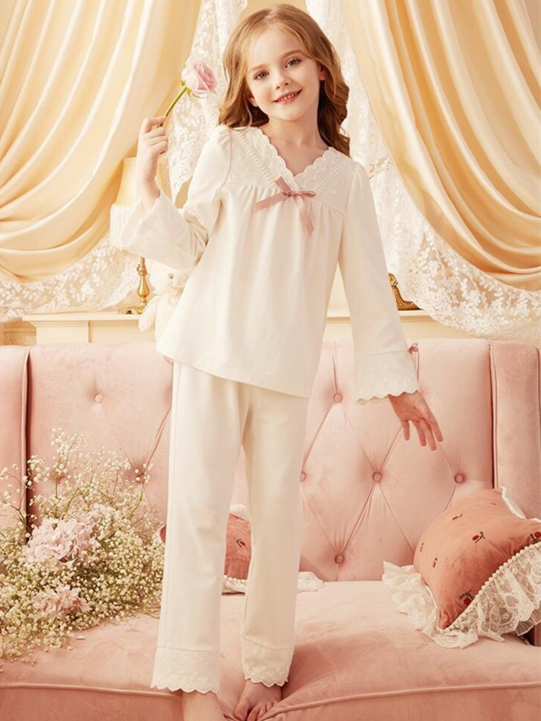 Mia Belle Girls Scallop Trim Pajamas | Girls Loungewear