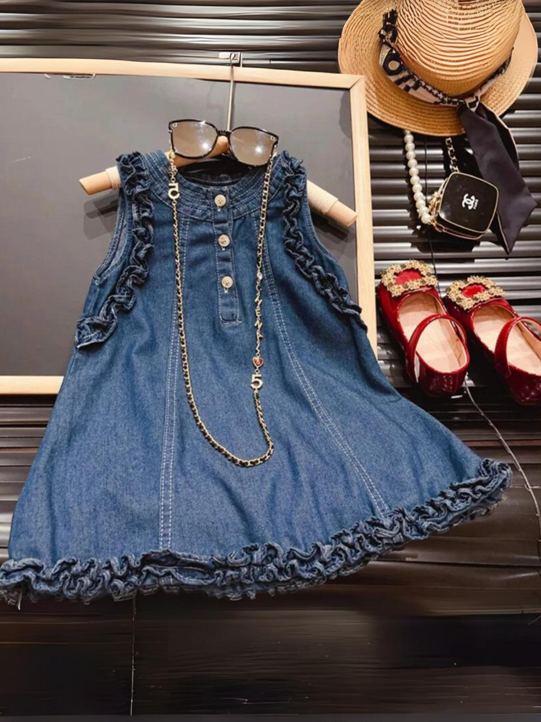 Mia Belle Girls Lettuce Edge Denim Dress | Girls Spring Outfits