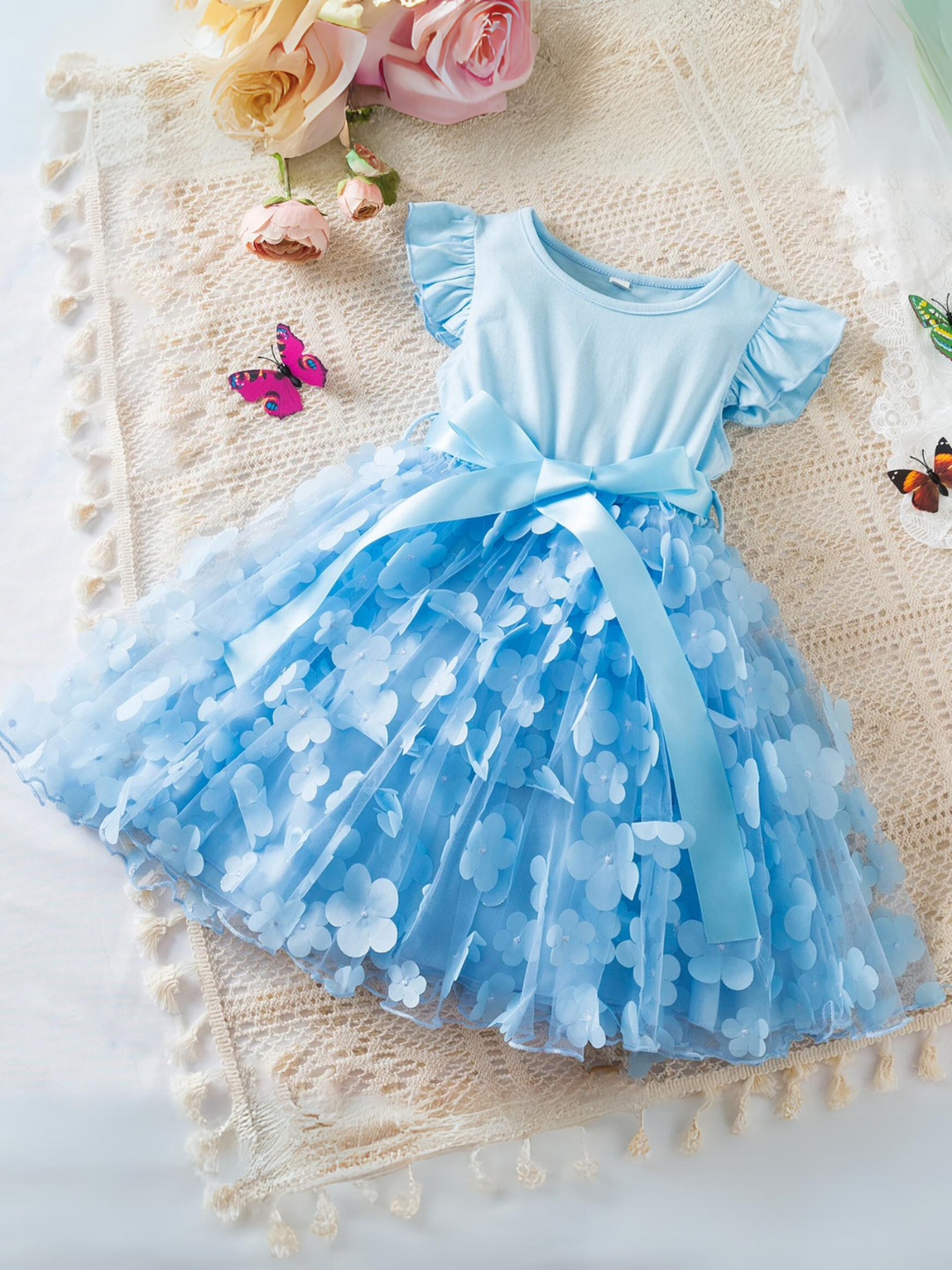 Mia Belle Girls 3D Flower Layered Dress | Girls Summer Dresses