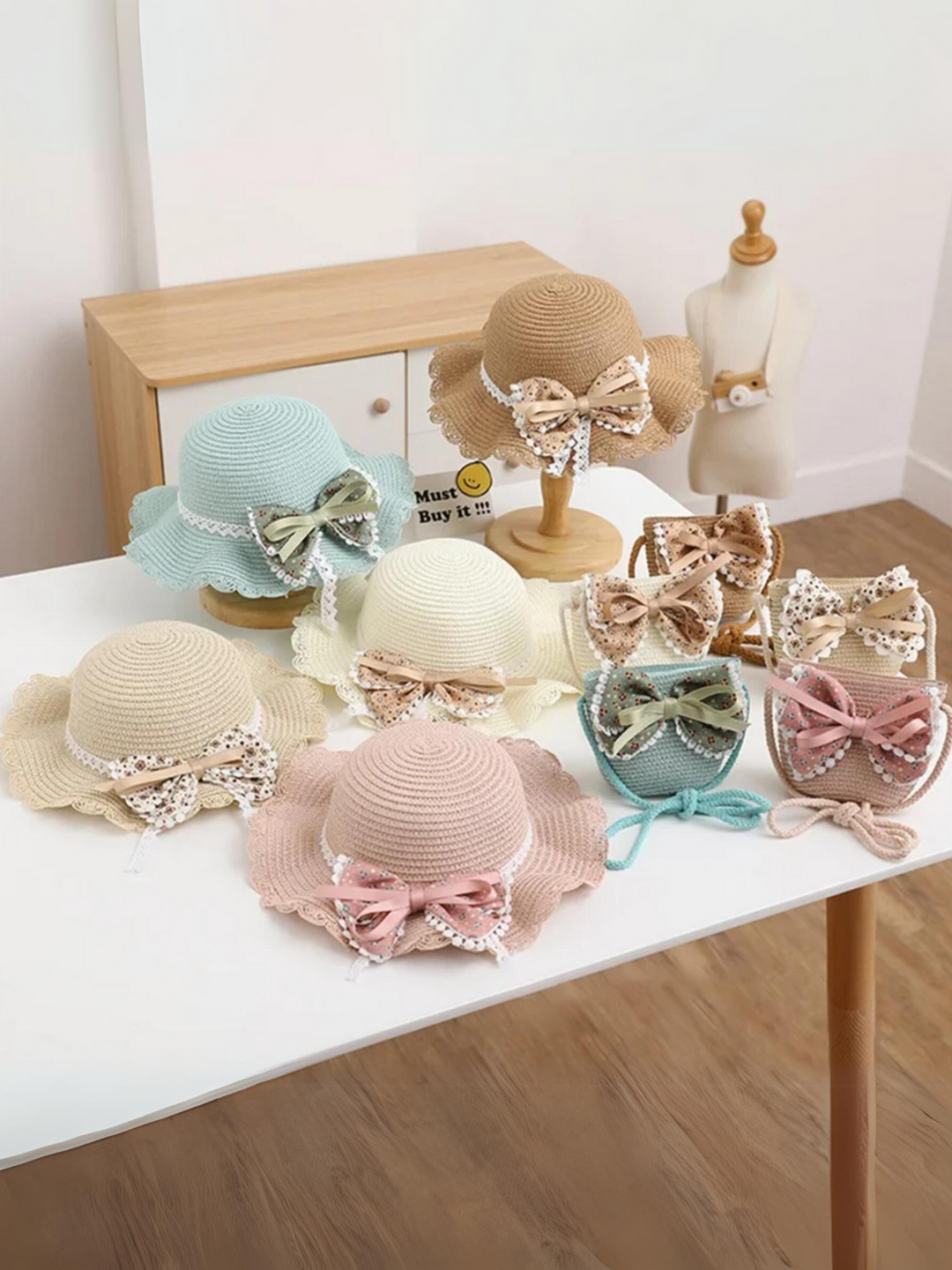 Mia Belle Girls Bow Straw Hat Set | Girls Accessories