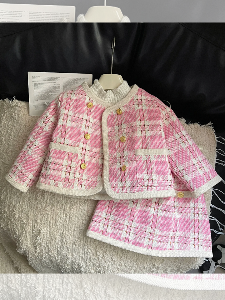 Pretty in Pink Plaid Girls' Tweed Jacket and Skirt Set with Gold Buttons