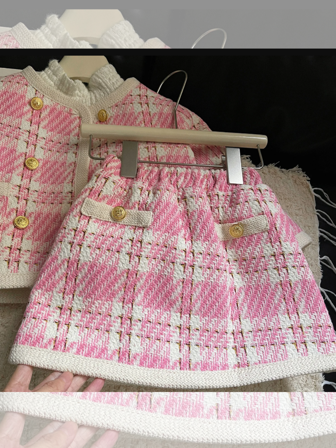 Pretty in Pink Plaid Girls' Tweed Jacket and Skirt Set with Gold Buttons