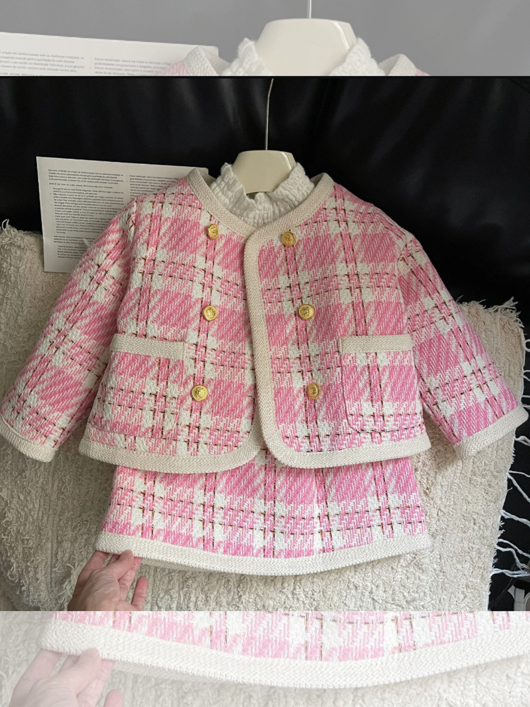 Pretty in Pink Plaid Girls' Tweed Jacket and Skirt Set with Gold Buttons