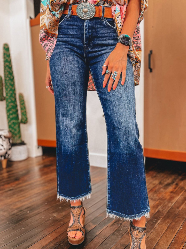 Womens High-Rise Vintage Flare Denim with Frayed Hem