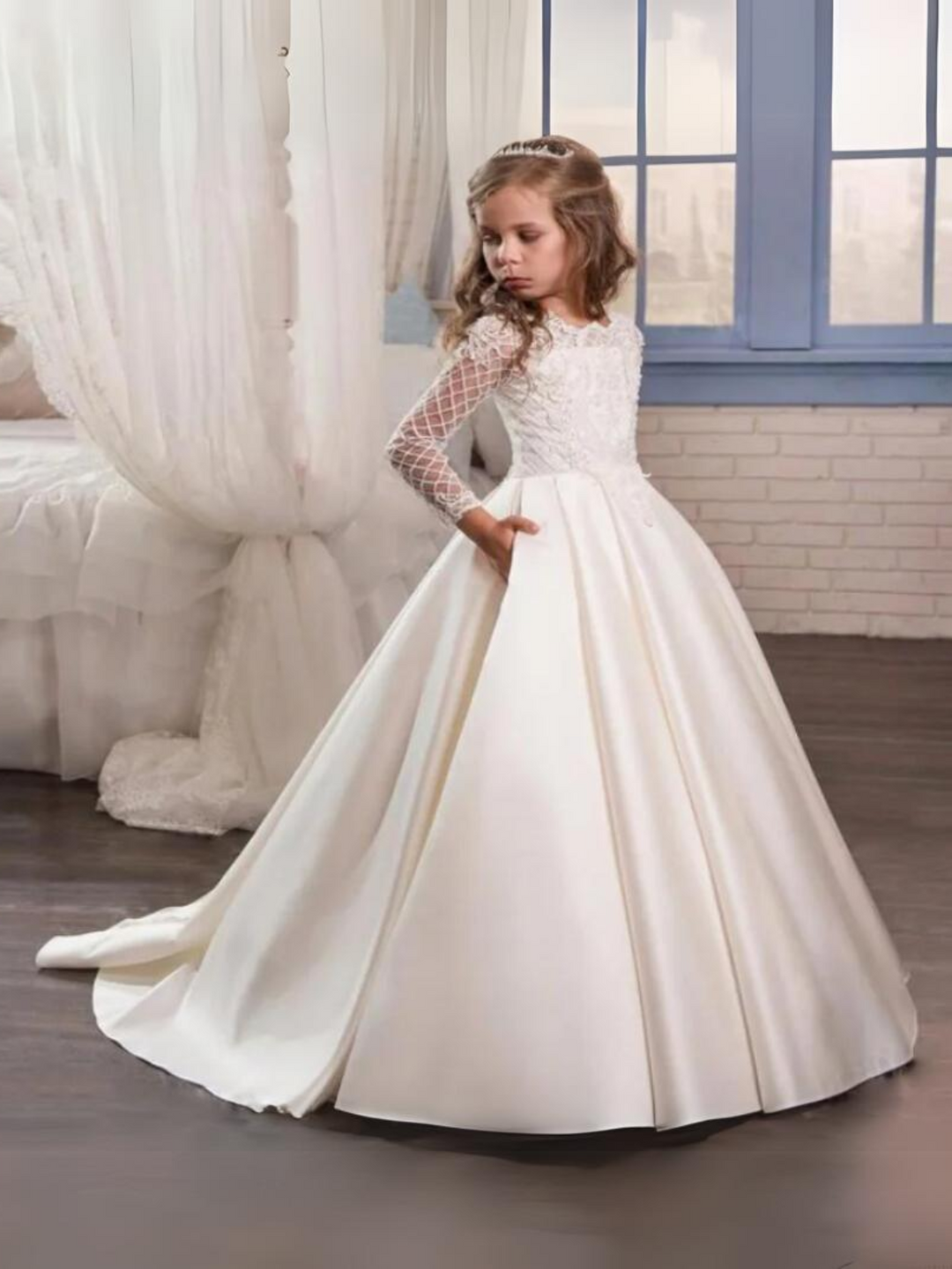 Mia Belle Girls Communion Dresses | White Lace Sleeve Pleated Gown