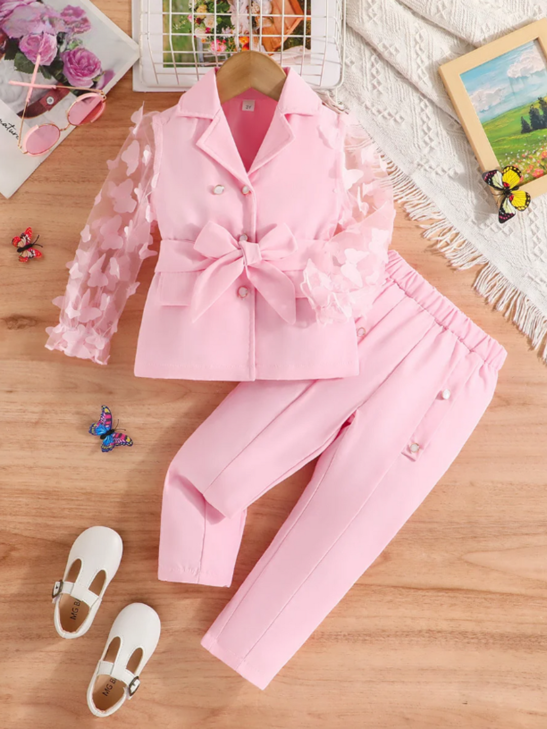 Girls Butterfly Sleeve Blazer Top and Pants Set