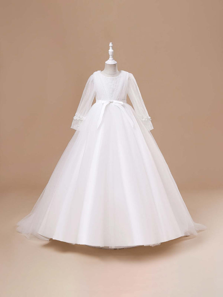 Girls Communion Dresses | White Sheer Long Sleeve Tulle Train Gown