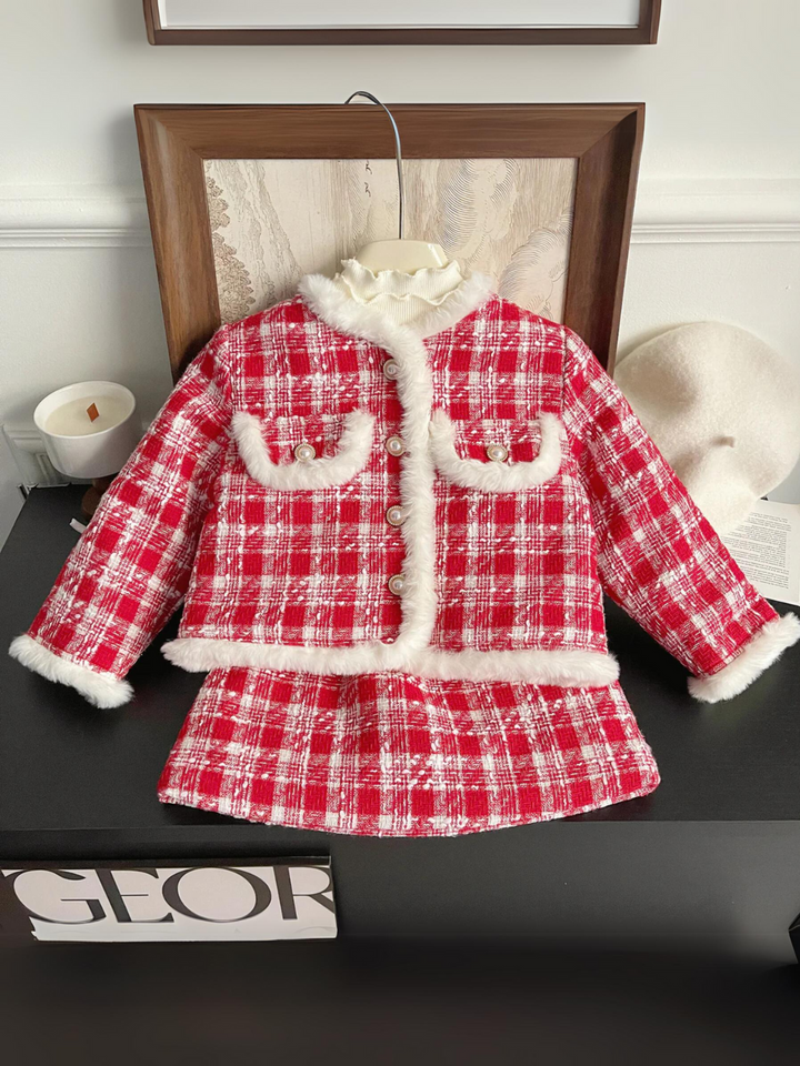 Festive Red Plaid Faux Fur Trimmed Girls' Jacket and Skirt Set