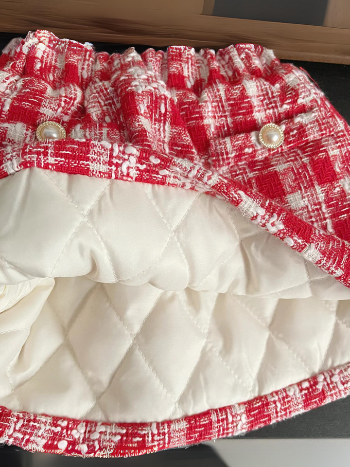 Festive Red Plaid Faux Fur Trimmed Girls' Jacket and Skirt Set