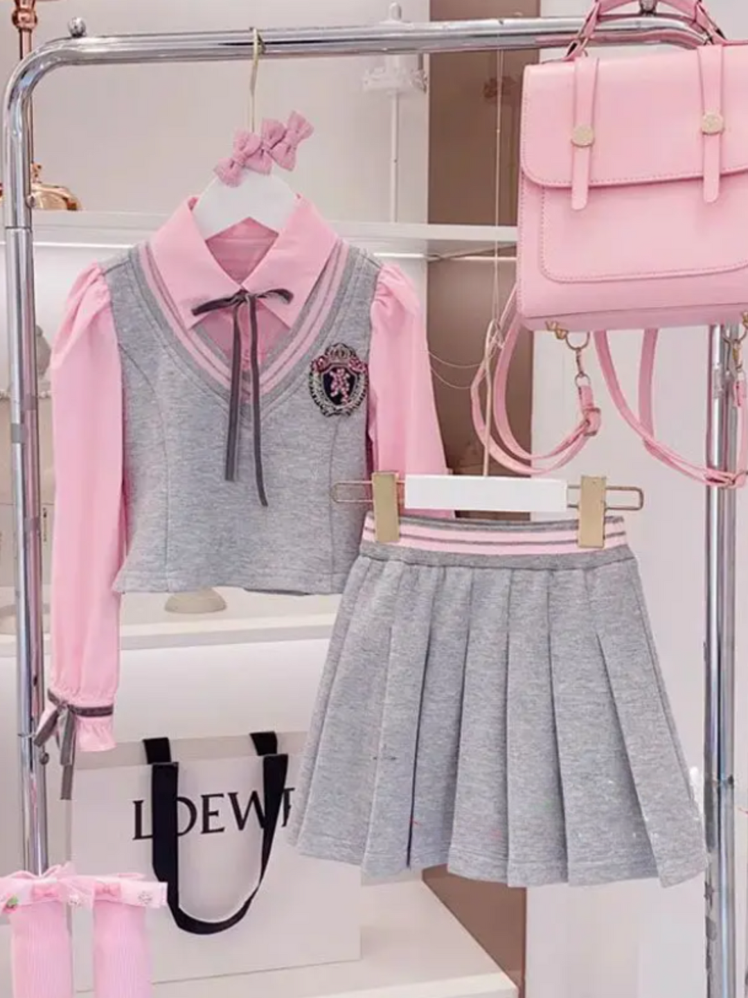 Girls' Elegant Pink and Grey School Uniform Set