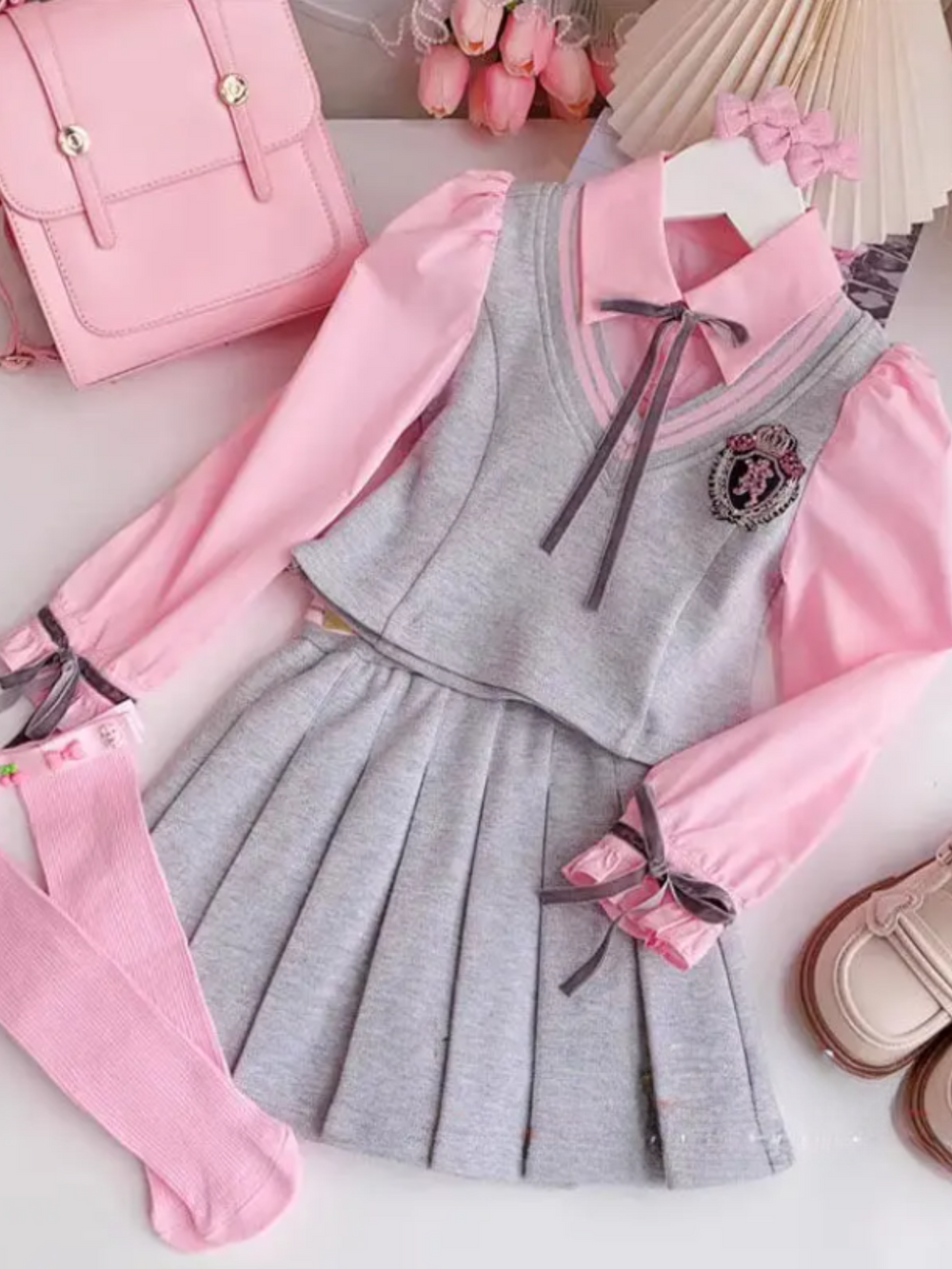 Girls' Elegant Pink and Grey School Uniform Set   | preppy clothes, preppy clothing, preppy brands, preppy girl, preppy clothing, baby girl fall outfits, girls fall outfits, fall outfits for baby gir, fall dress, baby girl fall clothes