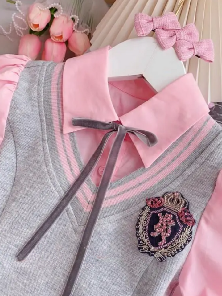 Girls' Elegant Pink and Grey School Uniform Set