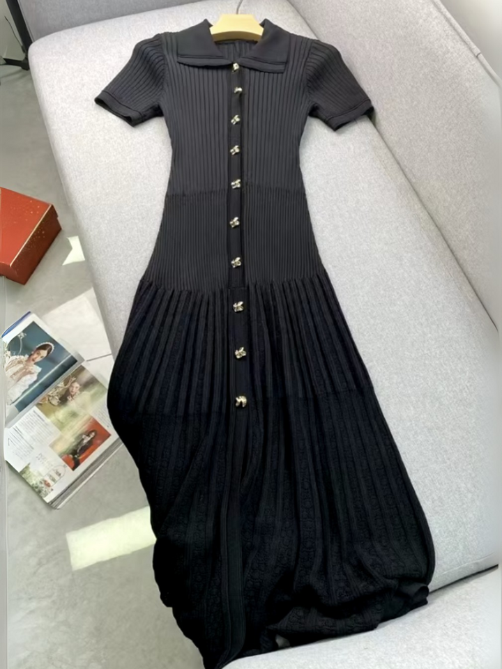 Womens Elegant Short Sleeve Button-Down Knit Maxi Dress