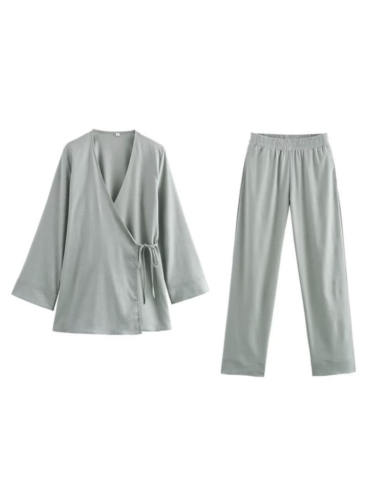 Womens Elegant Kimono-Style Wide Leg Pants with Wrap Top Set