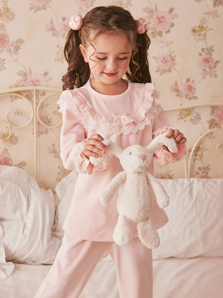 Mia Belle Girls Lace Bib Collar Pink Pajamas | Girls Loungewear