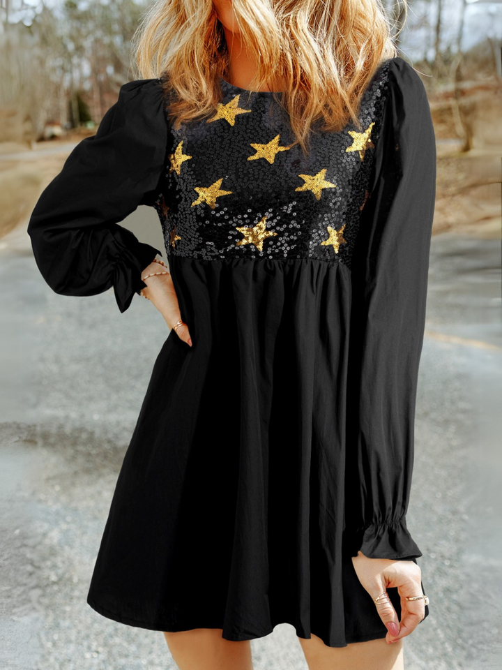 Womens Black Sequined Stars Flounce Sleeve Ruffled Babydoll Dress