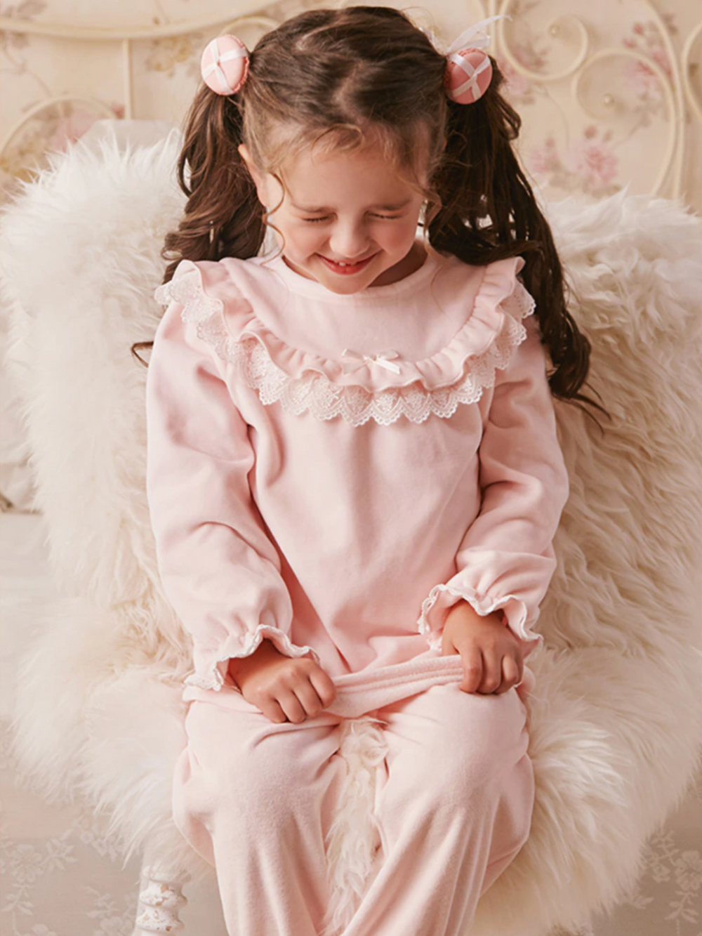 Mia Belle Girls Lace Bib Collar Pink Pajamas | Girls Loungewear