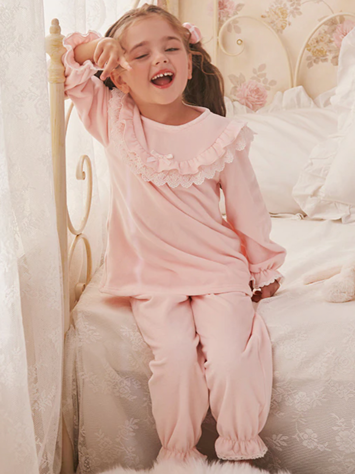 Mia Belle Girls Lace Bib Collar Pink Pajamas | Girls Loungewear