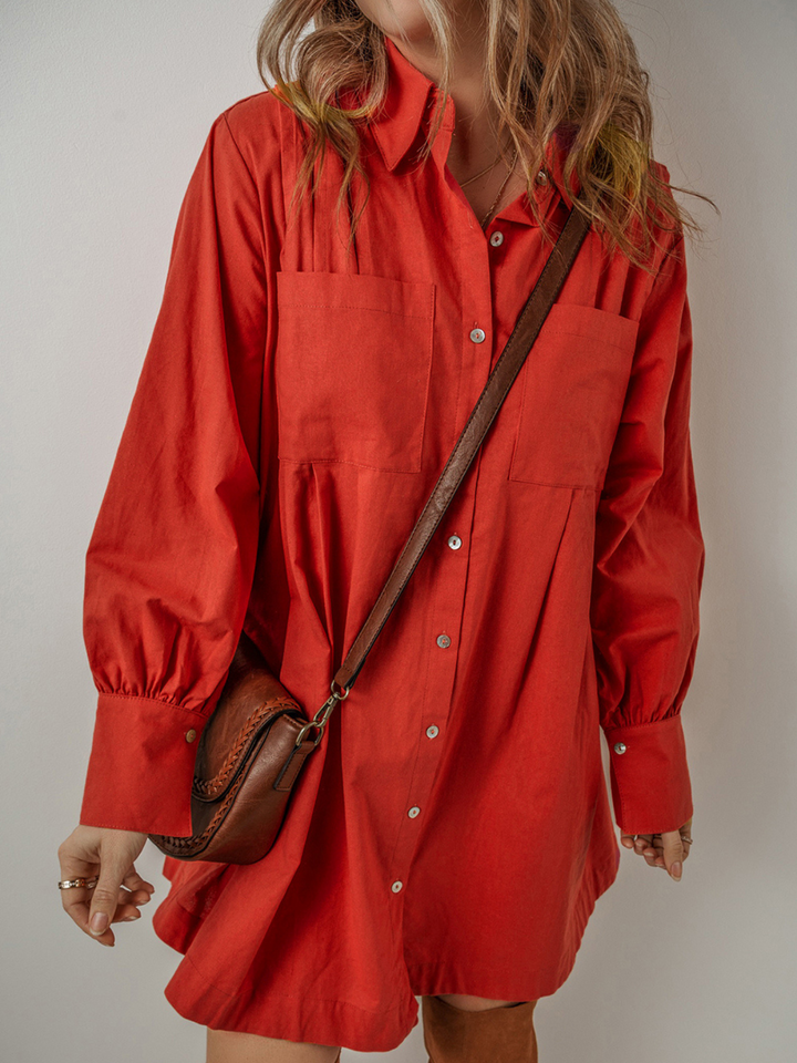 Womens Tomato Red Bishop Sleeve Button Up Pleated Mini Shirt Dress