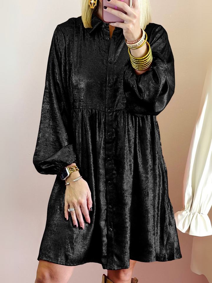 Womens Black Metallic Sheen Puff Sleeve Button Up Mini Shirt Dress