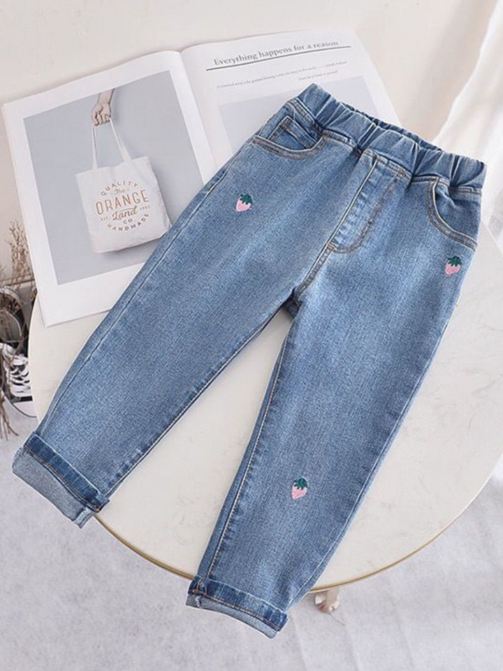 Mia Belle Girls Strawberry Embroidered Blue Jeans | Girls Casual