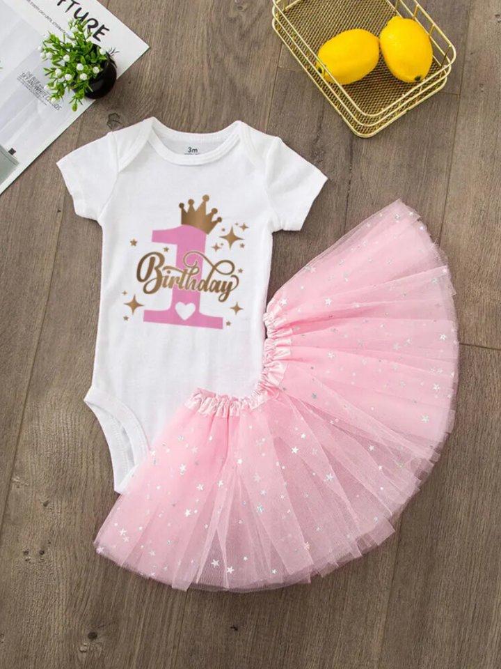 Prinzessinnen-Geburtstags-Ensemble: Entzückendes Bodysuit- und Tutu-Set zum ersten Geburtstag für kleine Mädchen