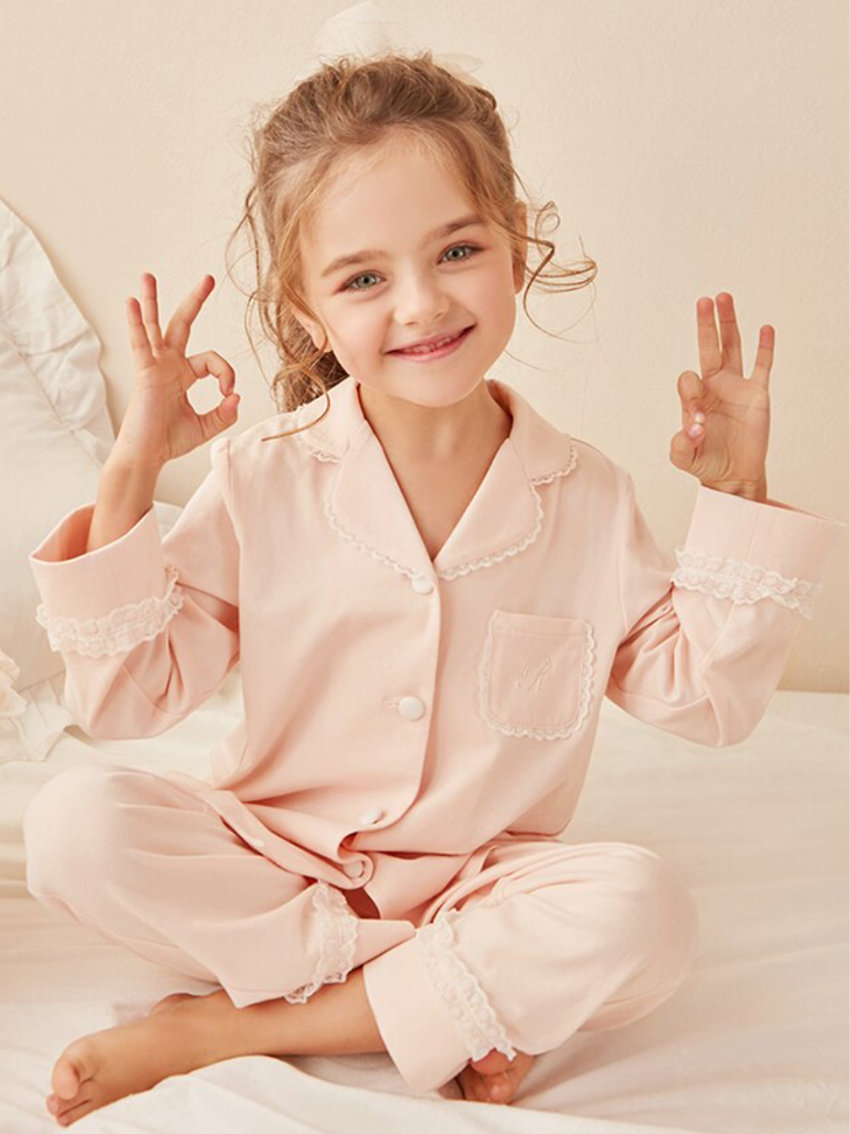 Mia Belle Girls Lace Trim Pajamas | Girls Loungewear