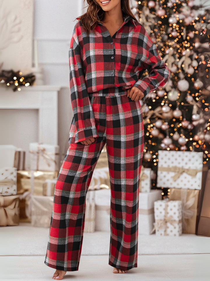 Womens Red Christmas Checkered Pattern Pajama Set