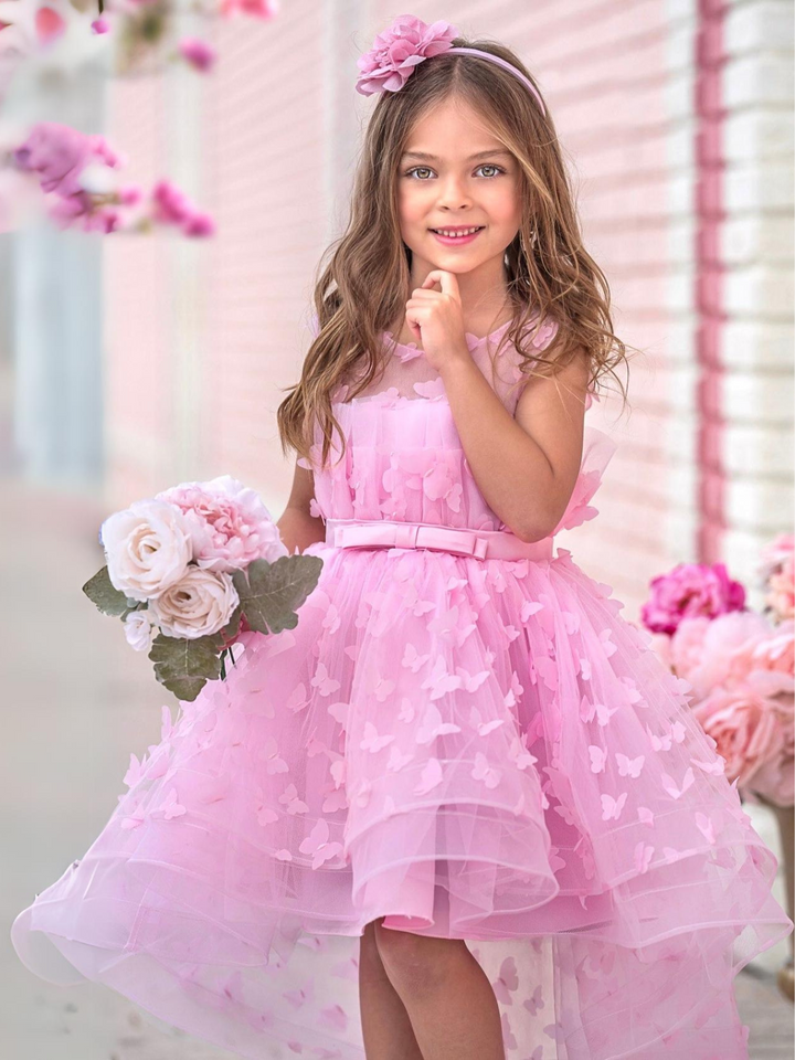 Mia Belle Girls Pink Butterfly Tulle Dress | Girls Formal Dresses