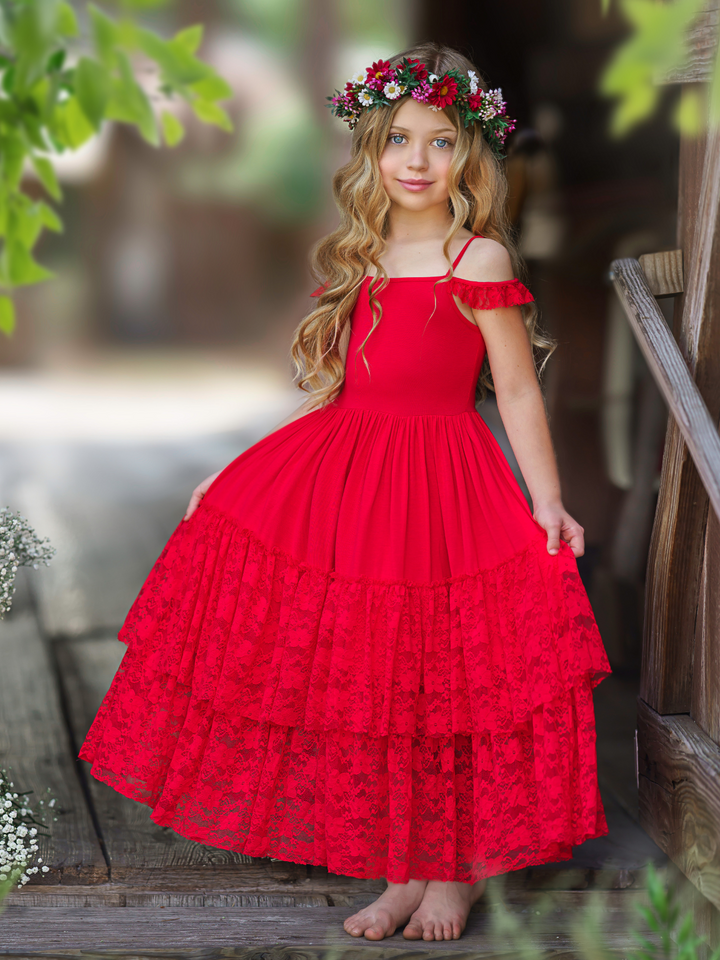 Mia Belle Girls Red Lace Ruffle Tiered Maxi Dress | 4th of July