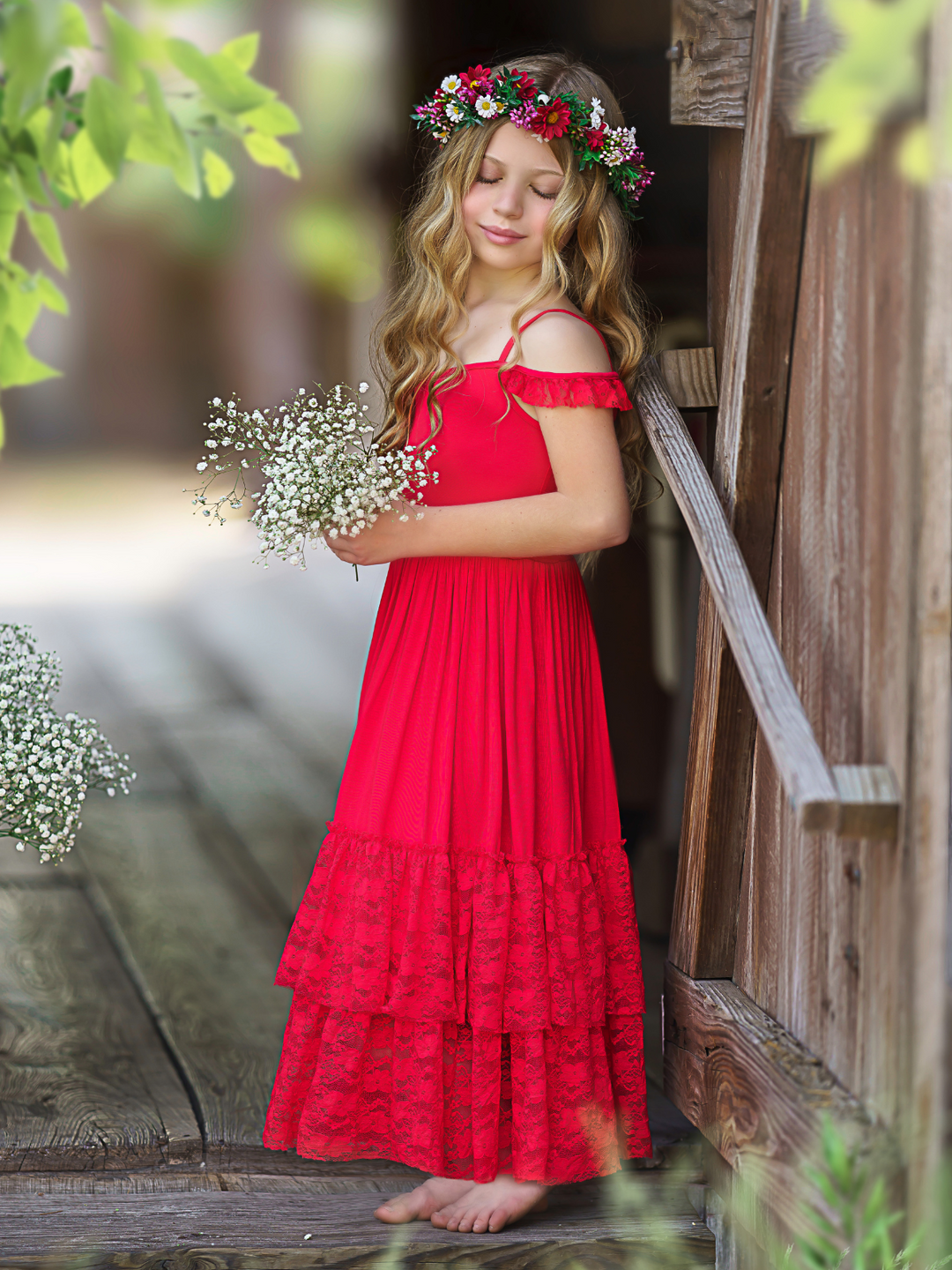 Mia Belle Girls Red Lace Ruffle Tiered Maxi Dress | 4th of July