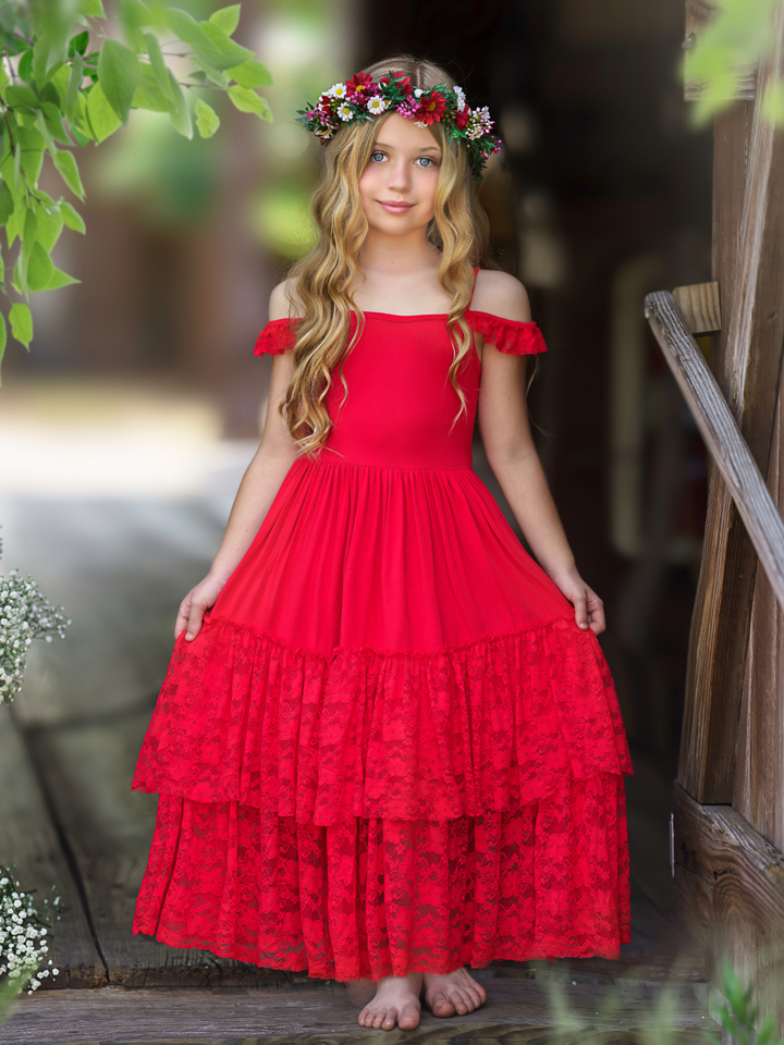 Mia Belle Girls Red Lace Ruffle Tiered Maxi Dress | 4th of July