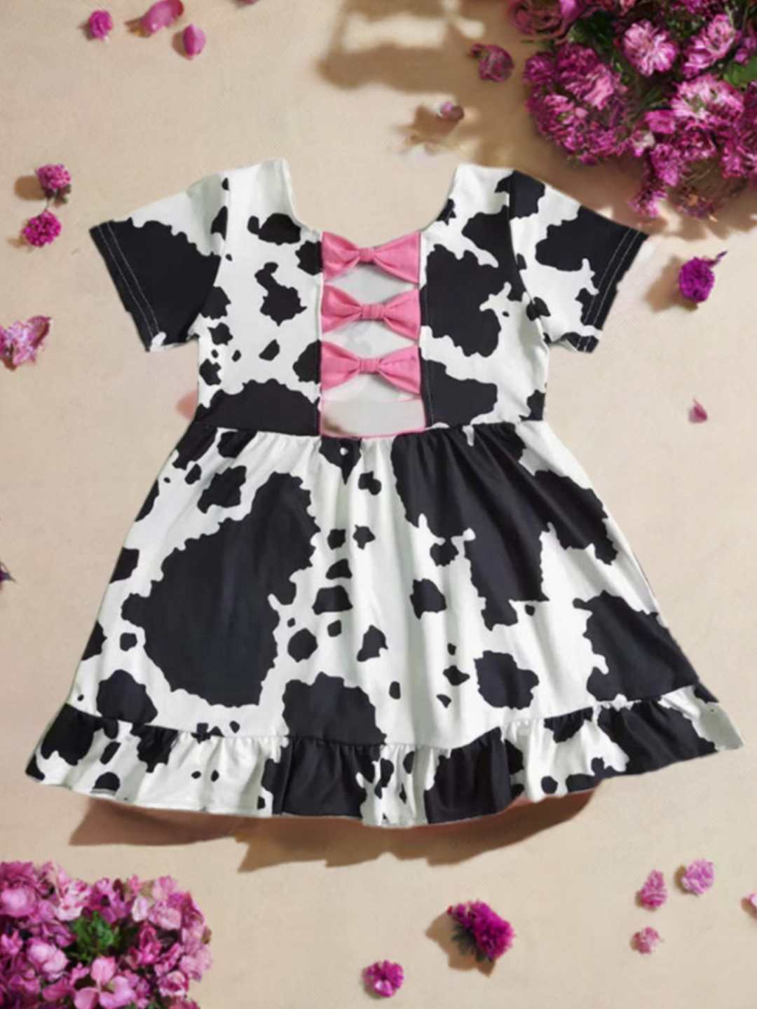 Mia Belle Girls Cow Print Ruffle Dress | Girls Spring Dresses