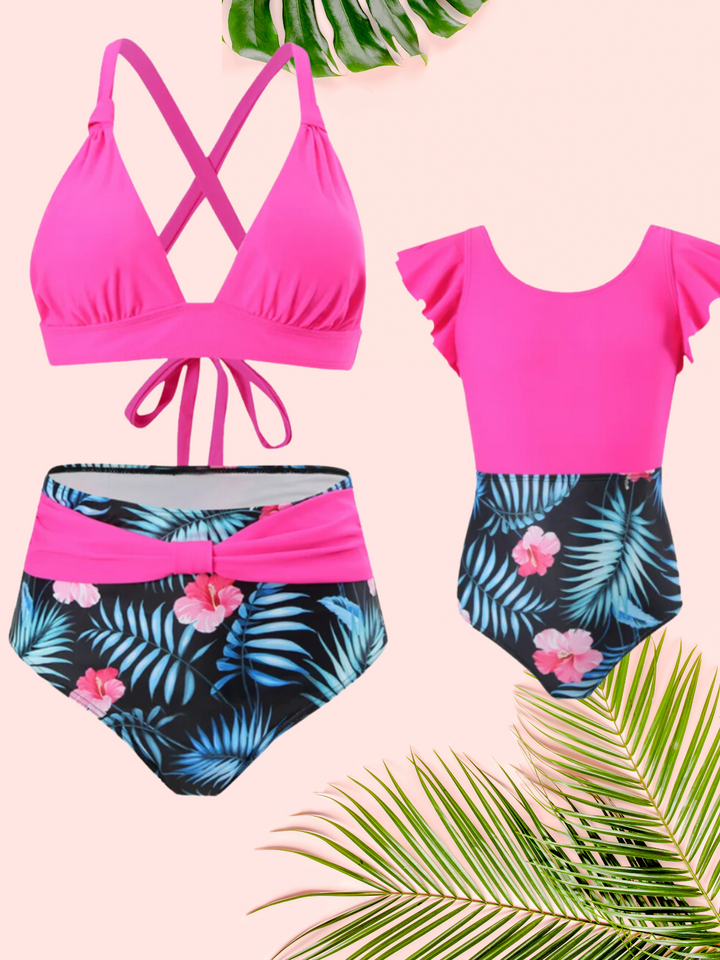 Mia Belle Girls Pink And Tropical Swimsuit | Mommy And Me