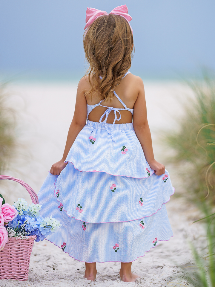 Toddler Spring Dress | Girls Sleeveless Pinstripe Floral Tiered Dress