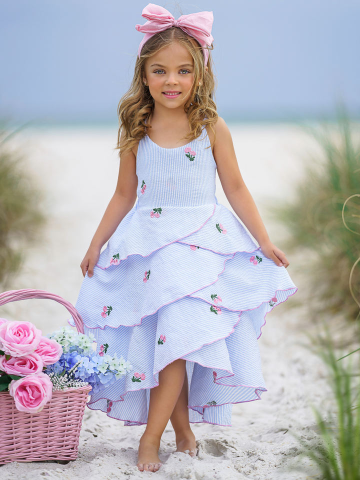 Toddler Spring Dress | Girls Sleeveless Pinstripe Floral Tiered Dress