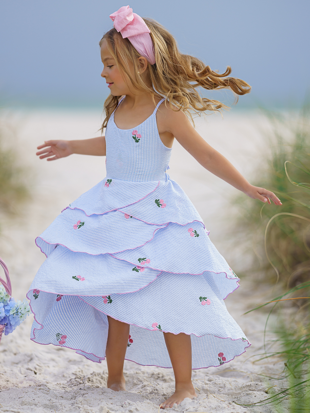 Toddler Spring Dress | Girls Sleeveless Pinstripe Floral Tiered Dress