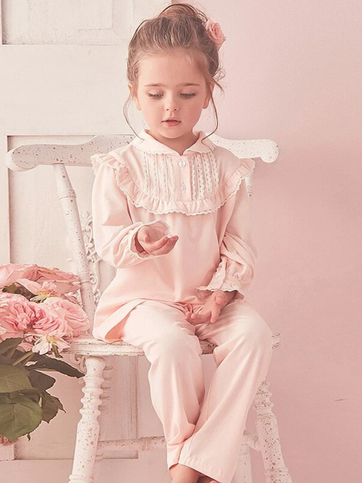 Mia Belle Girls Ruffle Collar Pink Pajamas | Girls Loungewear