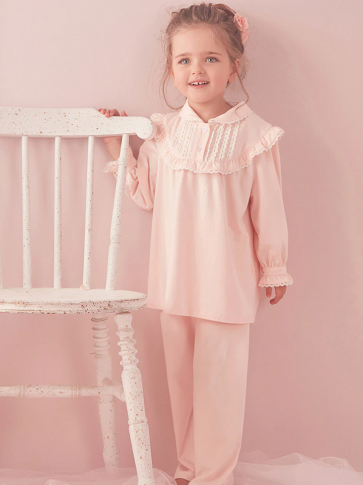 Mia Belle Girls Ruffle Collar Pink Pajamas | Girls Loungewear