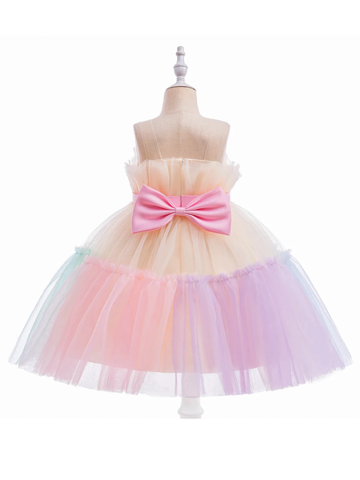 Girls Formal Dresses | Pastel Rainbow Ruffle Tulle Belted Party Dress