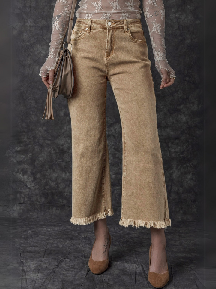 Womens French Beige Acid Washed High Rise Cropped Wide Leg Jeans