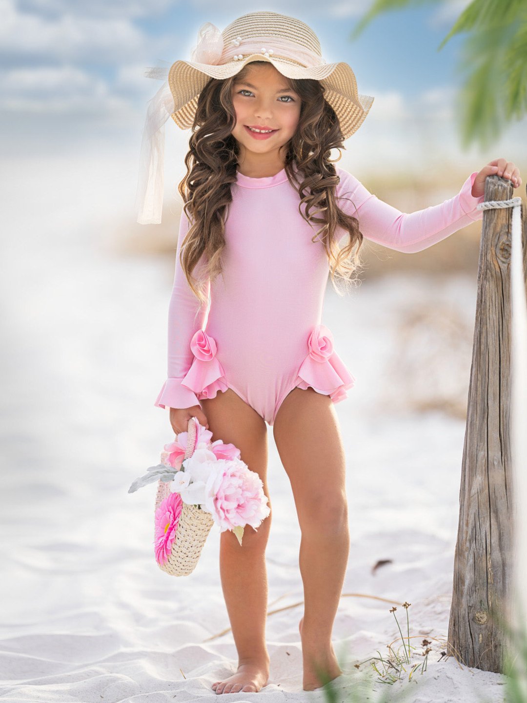 Rose Petal Long Sleeve Ruffle One-Piece Swimsuit