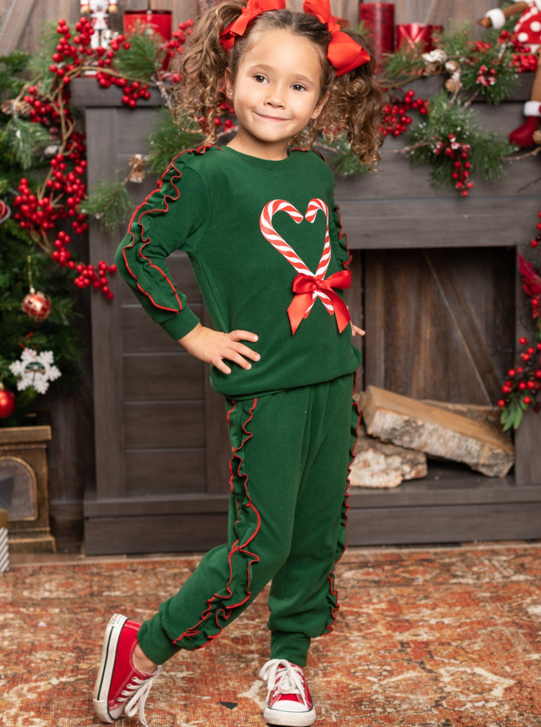 Toddler Christmas Clothes | Girls Candy Cane Heart Ruffled Jogger Set