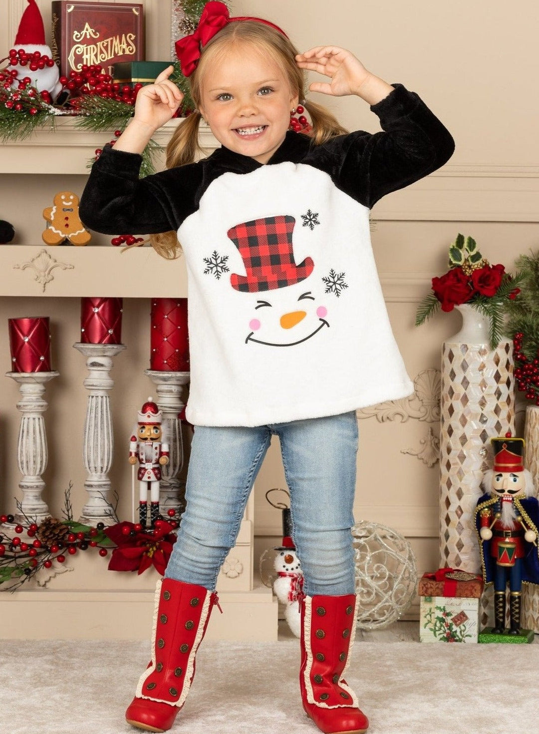 girls Plush Fleece Raglan Holiday Hoodie