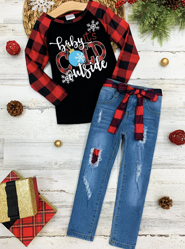 Cute Winter Sets | Baby It's Cold Outside Top and Patched Jeans Set 